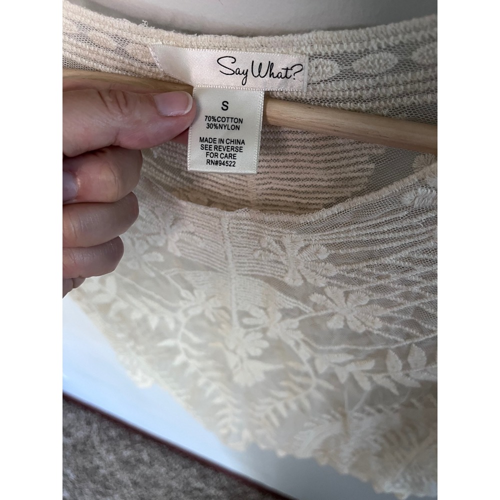 Say What? Womens Cream Sheer Mesh Floral Embroidered Crop Top Boho Small - Picture 2 of 5